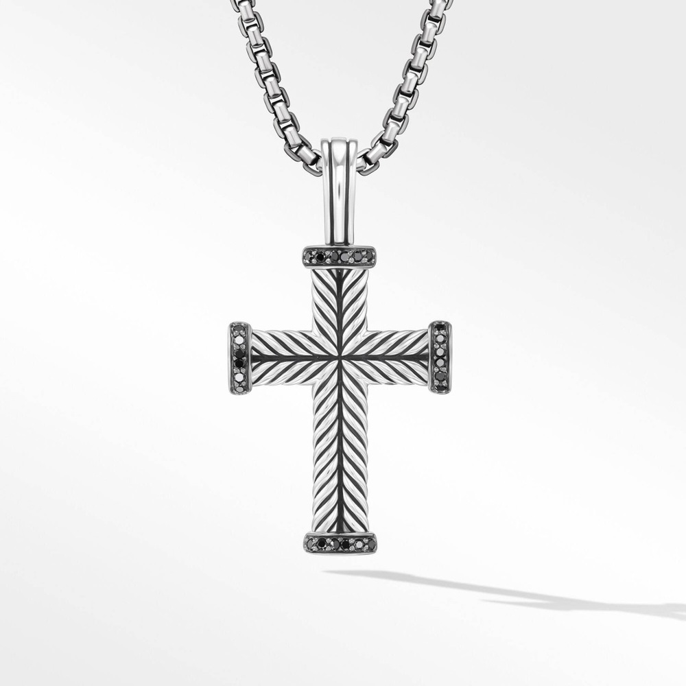 DAVID YURMAN CHEVRON CROSS PENDANT IN STERLING SILVER WITH PAVÉ BLACK DIAMONDS - Picture 1 of 4